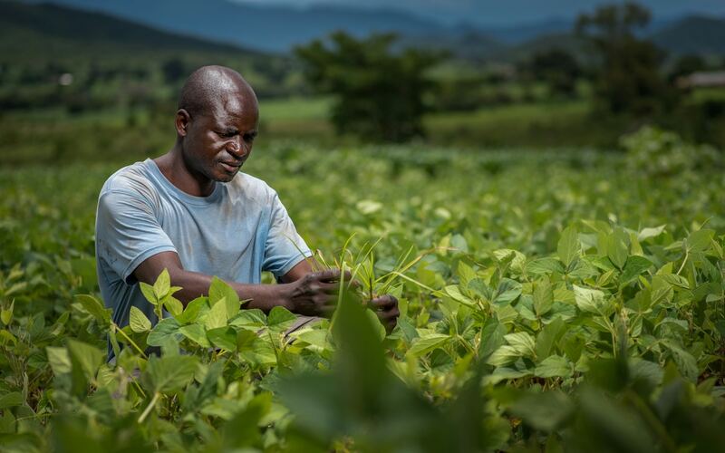 Farmer tending crops in a green field